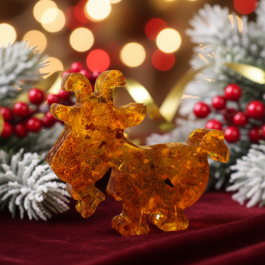 Goat figurine Baltic amber Christmas decor by KIZIMA® — handmade in USA, side view