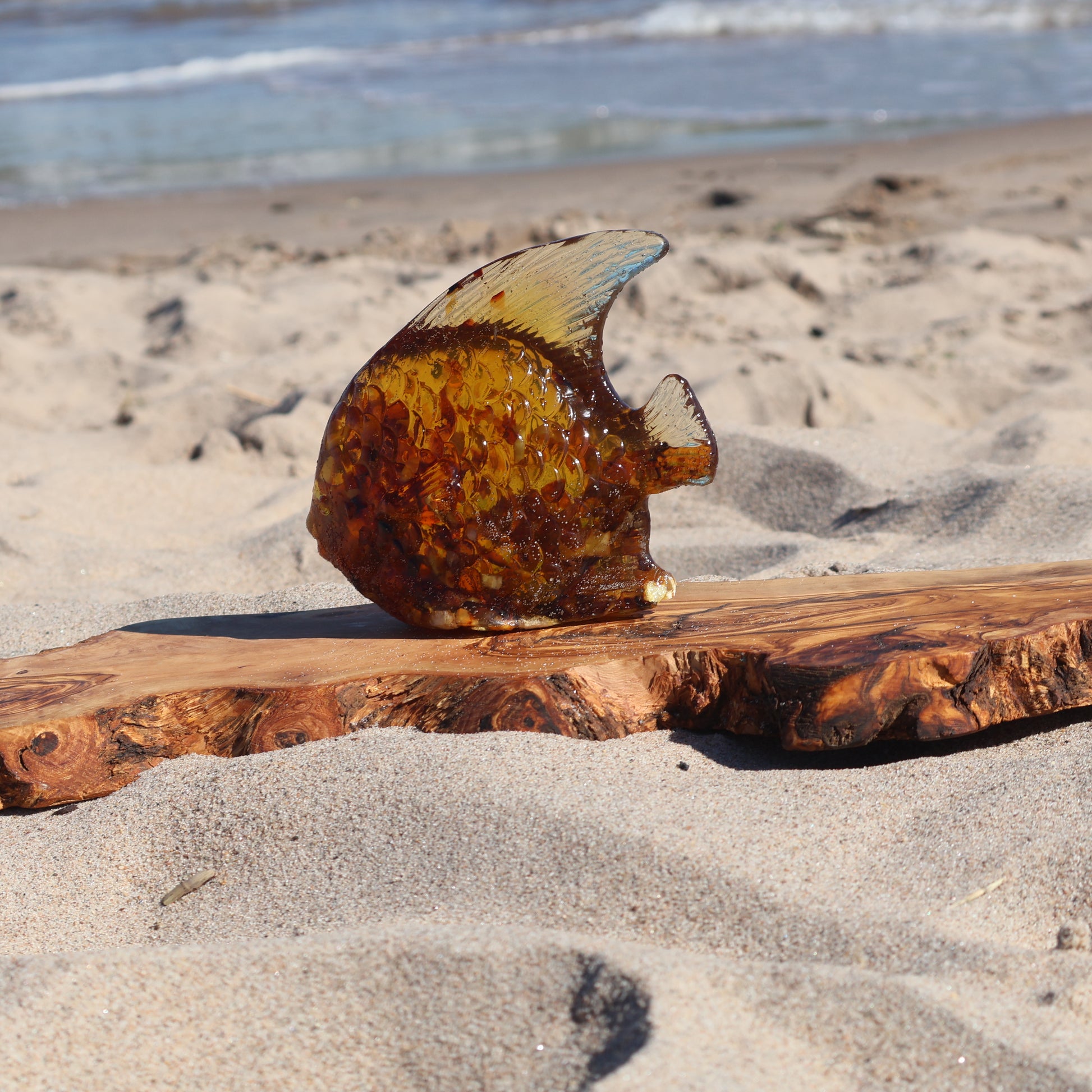 Made in USA Baltic Amber Fish Sculpture on Beach – Handmade Fisherman Gift Coastal Decor KIZIMA