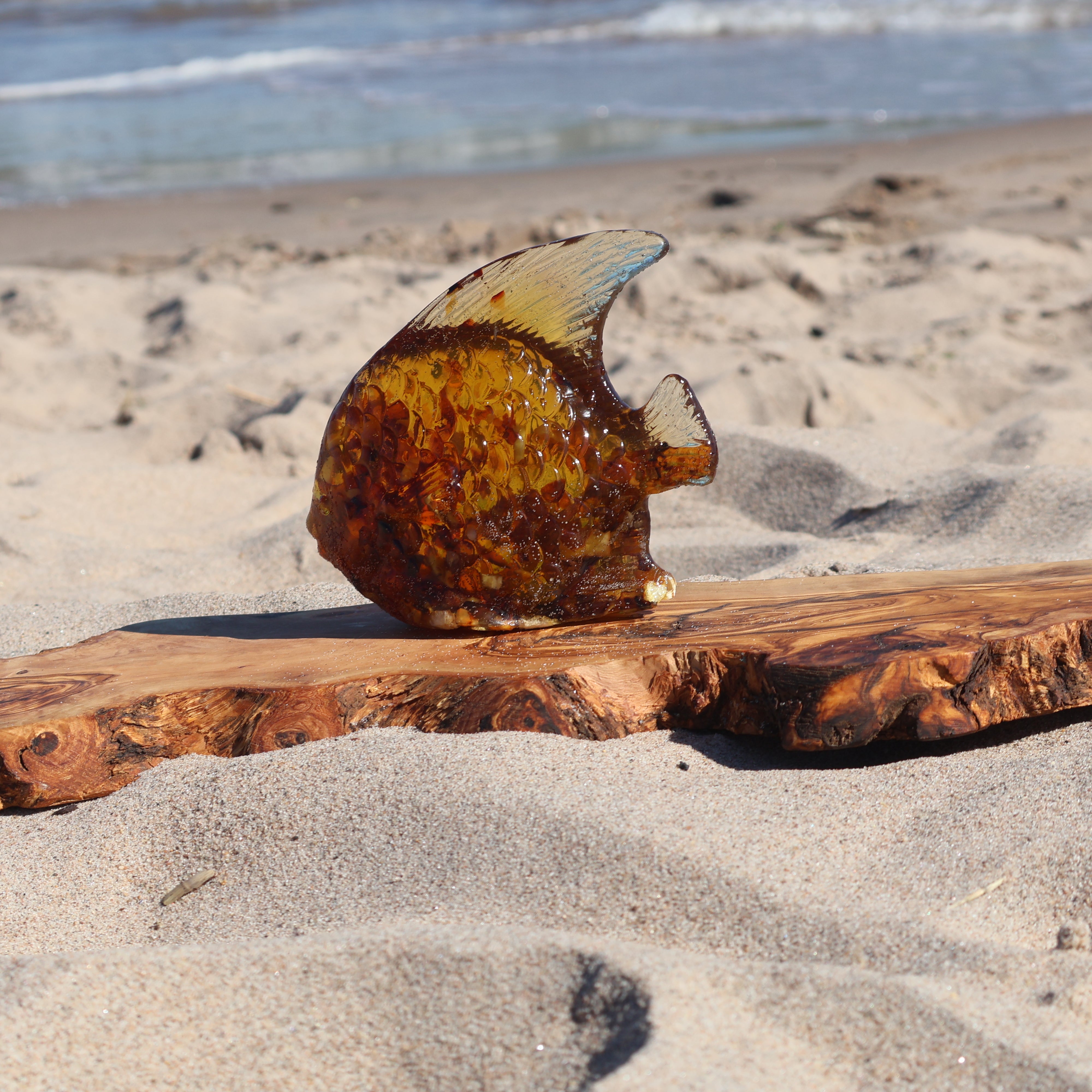 Made in USA Baltic Amber Fish Sculpture on Beach – Handmade Fisherman Gift Coastal Decor KIZIMA