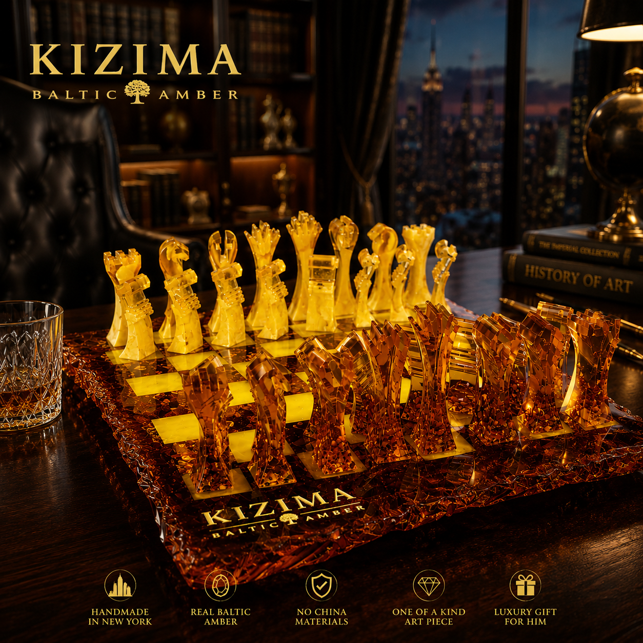Luxury handcrafted KIZIMA® Baltic amber chess set with sculptural modern chess pieces and artistic ocean-wave inspired board design displayed in a premium executive office interior.