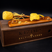 Made in USA real Baltic amber rose sculpture on wooden base in KIZIMA gift box