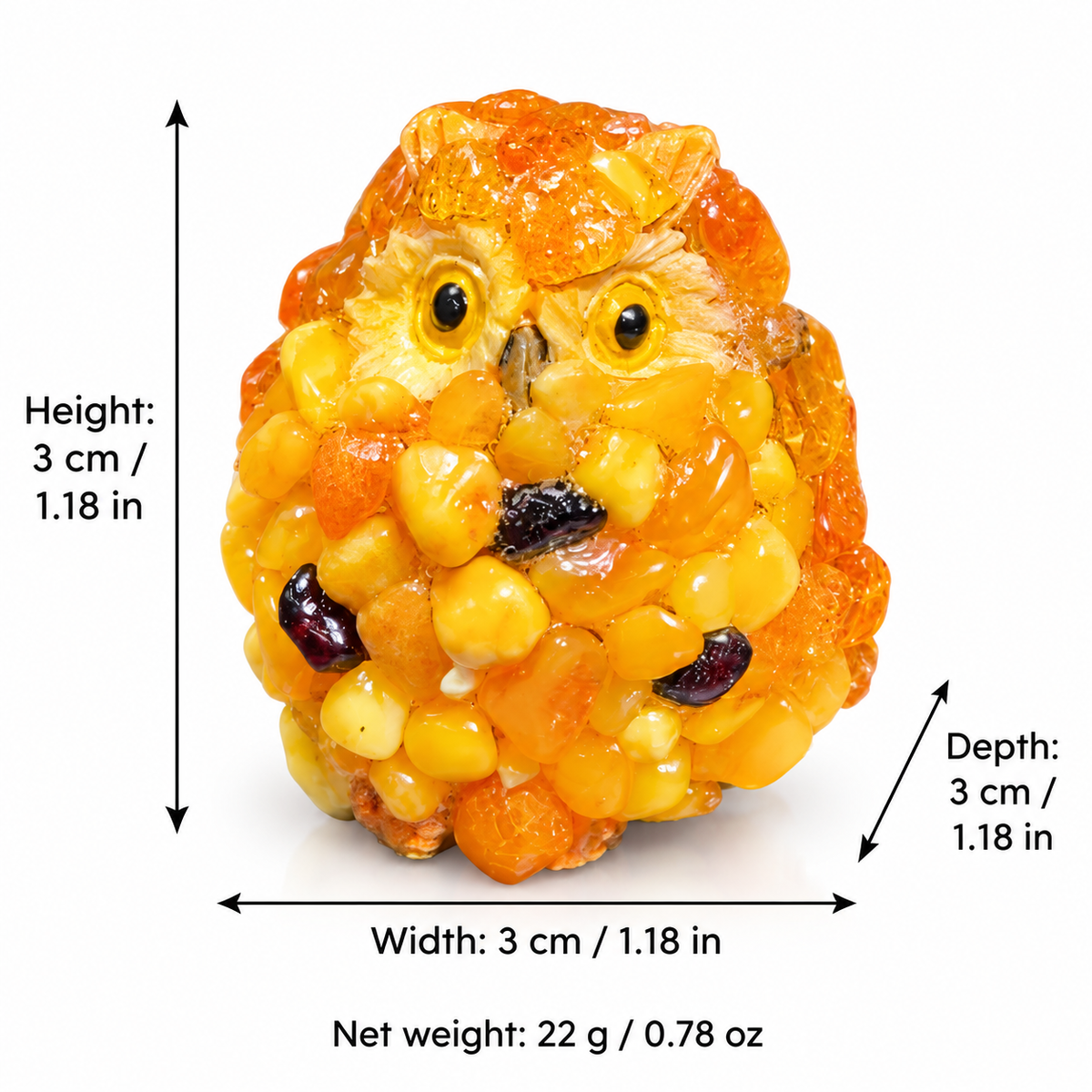 Size chart of the tiny amber owl: 3 cm height, width and depth, 1.18 in each, net weight 22 g (0.78 oz).
