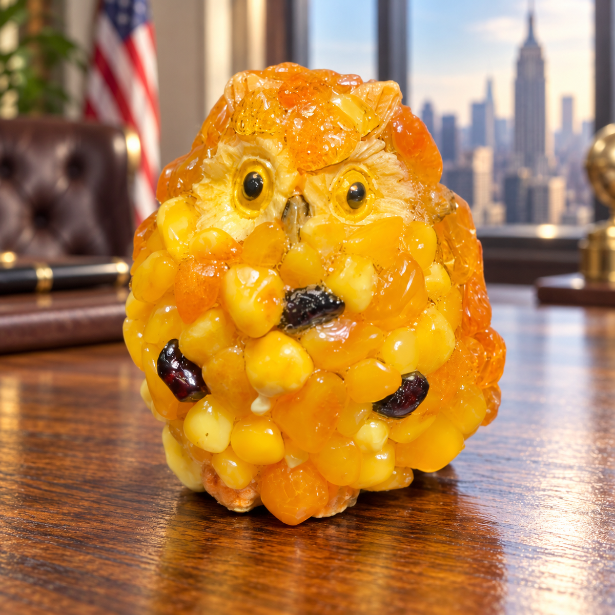 Made in USA natural Baltic amber tiny golden owl on an oak desk with an American flag and a Manhattan window.