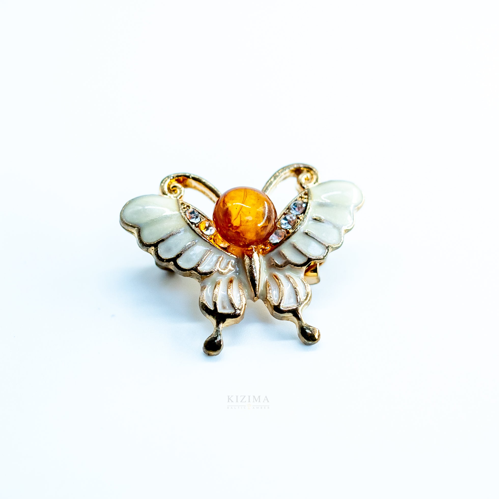 USA HANDMADE Natural Amber white butterfly Brooch KIZIMA