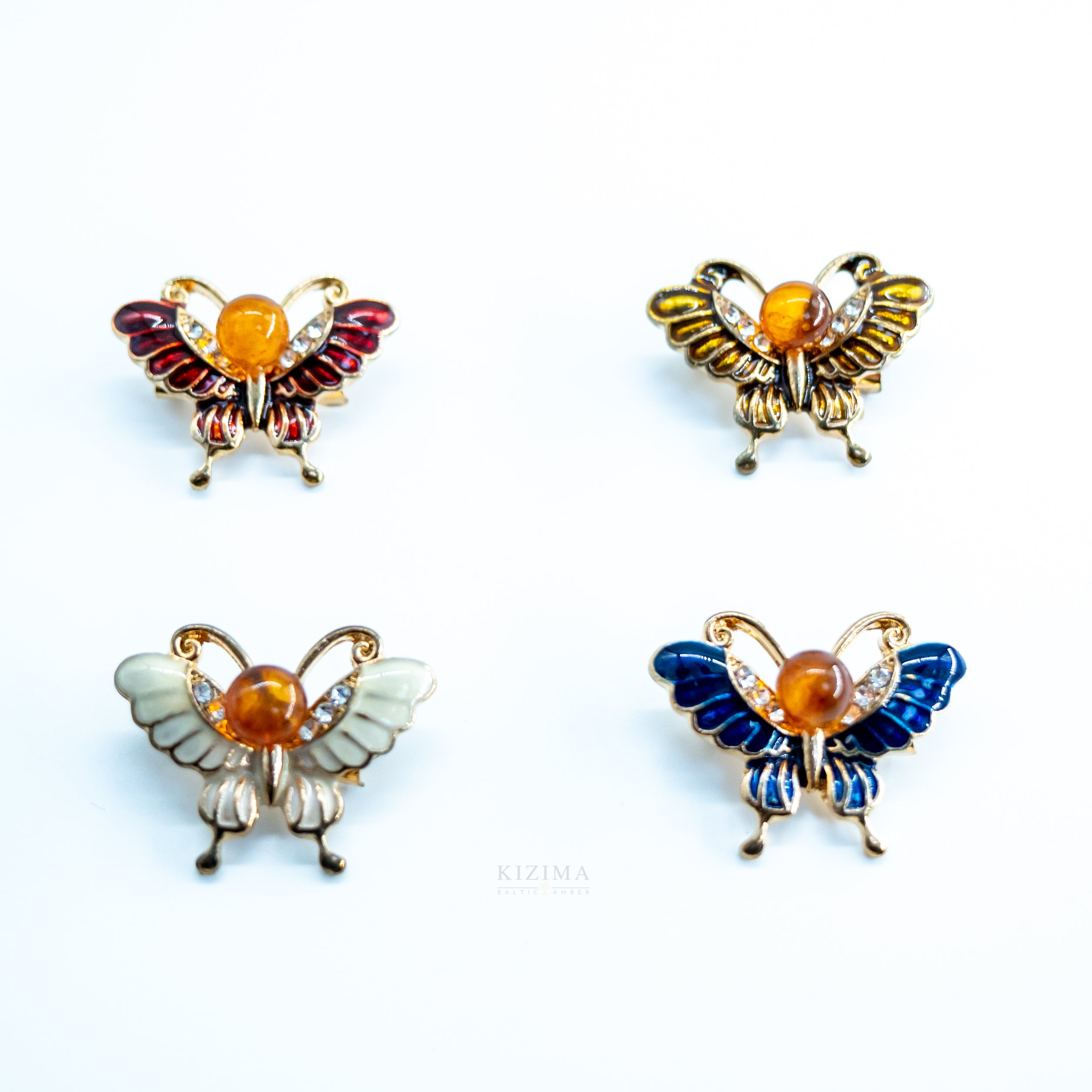 USA HANDMADE Natural Amber white butterfly Brooch KIZIMA