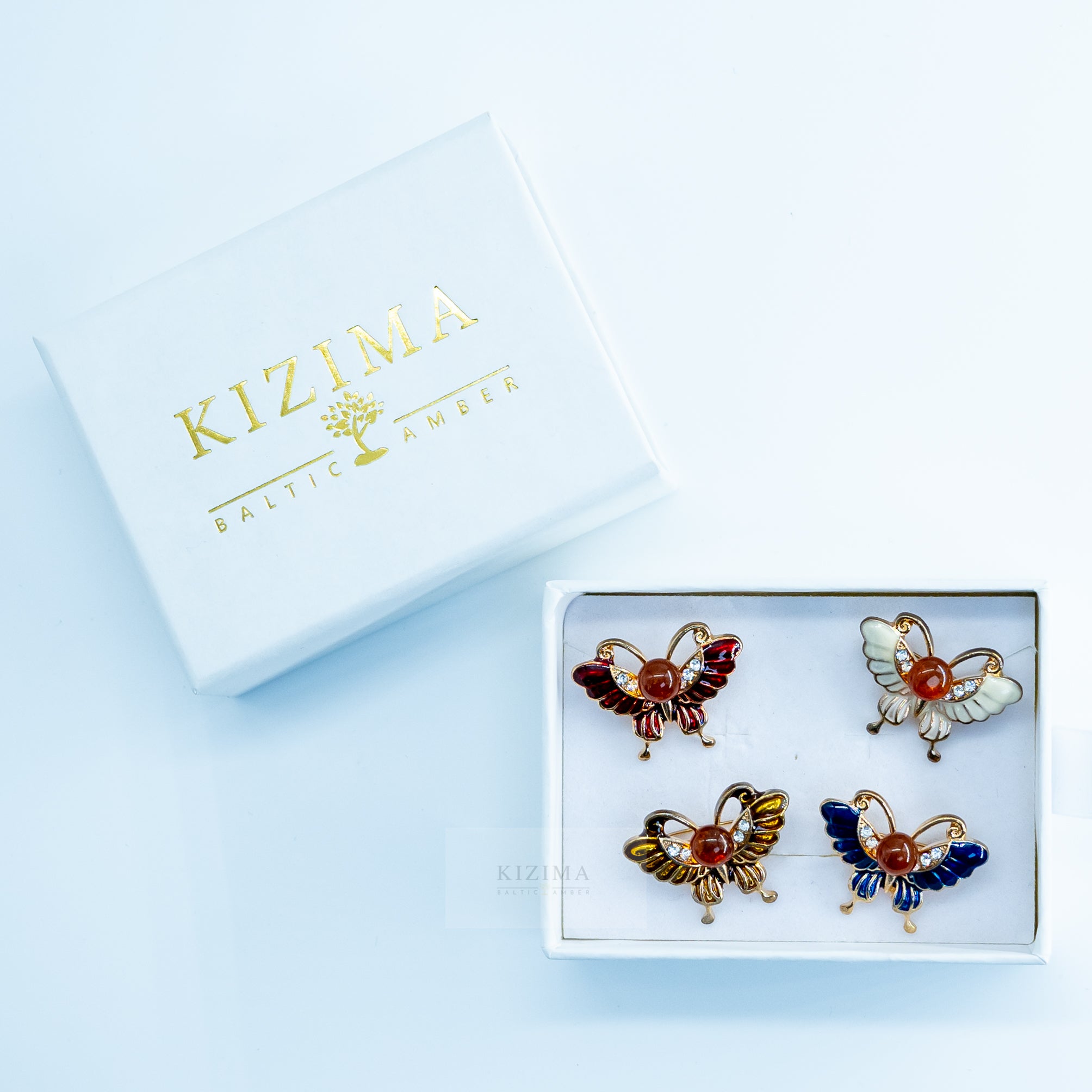 USA HANDMADE Natural Amber blue butterfly Brooch Valentine's Day Gift KIZIMA