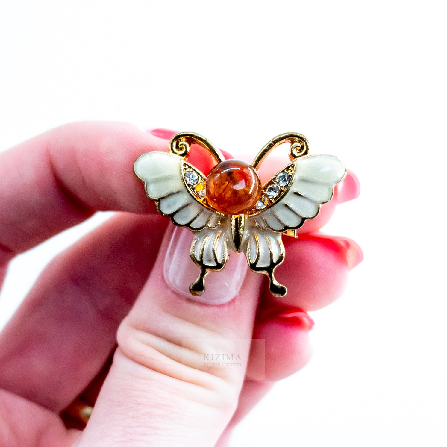 USA HANDMADE Natural Amber white butterfly Brooch KIZIMA