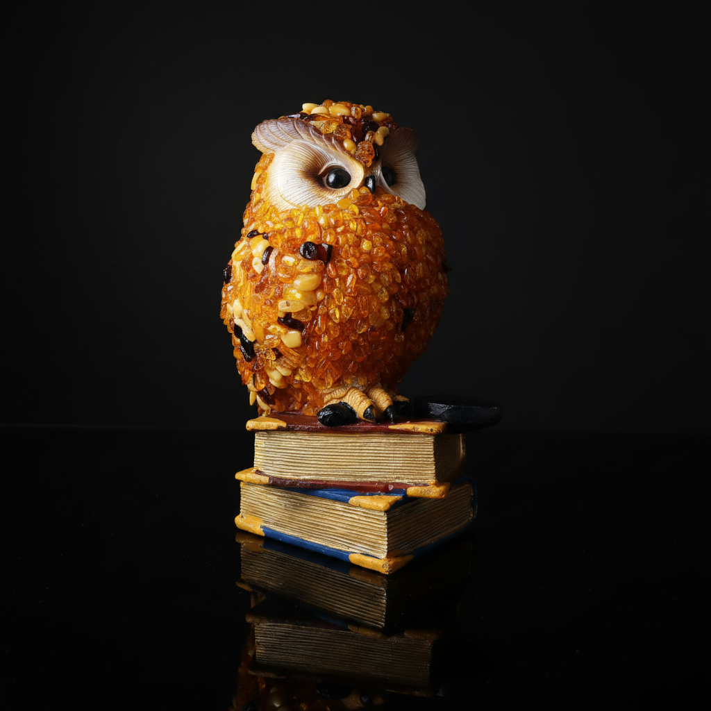 Owl on books Baltic amber figurine by KIZIMA® — handmade in USA, detail view