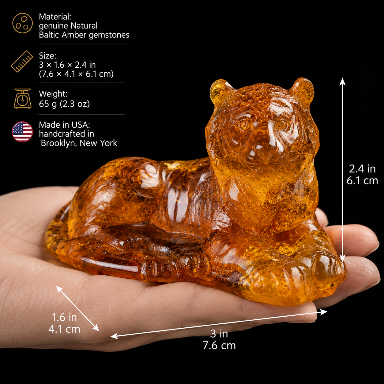 Made in USA Genuine Baltic Amber Tiger Figurine – Handcrafted Zodiac Tiger Sculpture | KIZIMA®