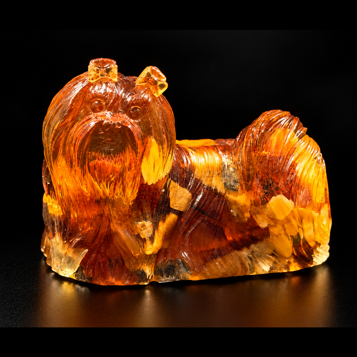 Made in USA natural Baltic amber Yorkshire Terrier figurine, standing long-coat Yorkie with topknot bow glowing honey-cognac on black studio background — KIZIMA® Brooklyn NY