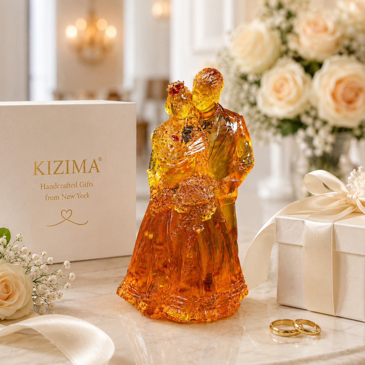 Baltic amber anniversary gift figurine, embracing couple in golden amber home decor piece