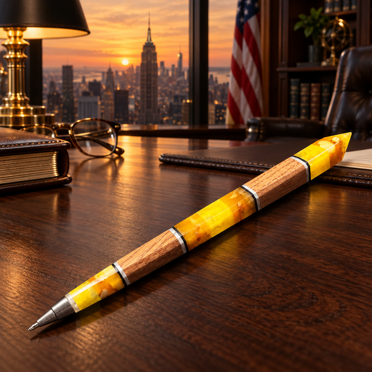 Natural Baltic Amber and bog oak pen by KIZIMA® on an executive desk overlooking New York — Made in USA gift for a boss