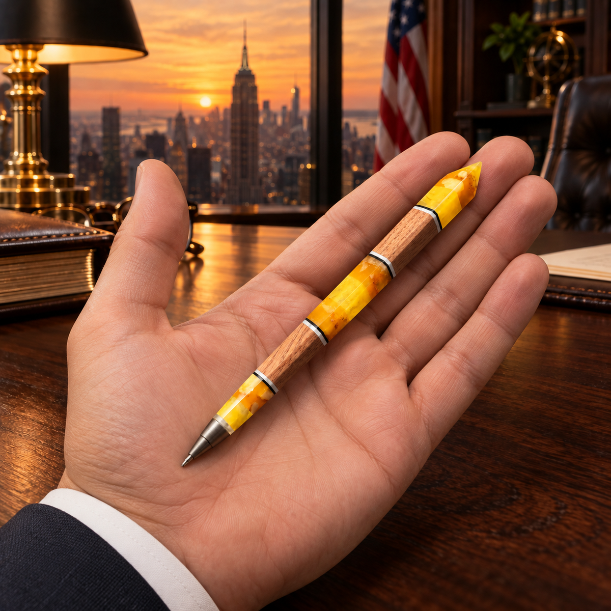 Natural Baltic Amber and bog oak pen by KIZIMA® held in hand for size — 14 cm handmade gift for men, Made in USA