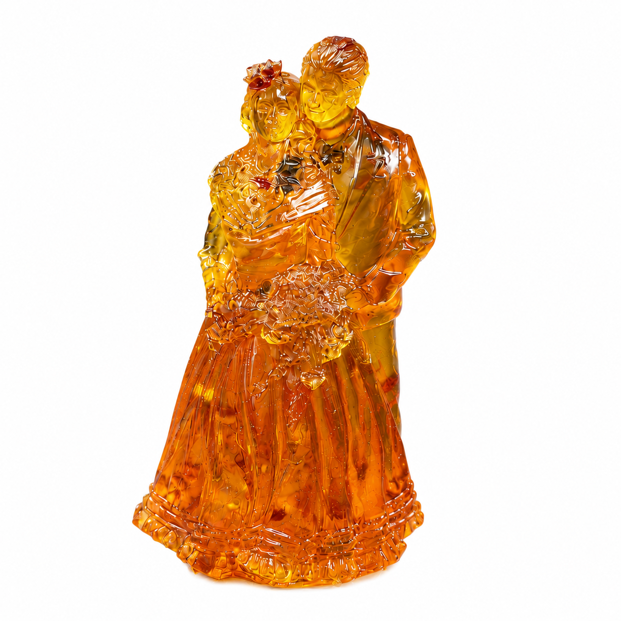 Baltic amber bride and groom keepsake sculpture, detailed dress folds in natural amber