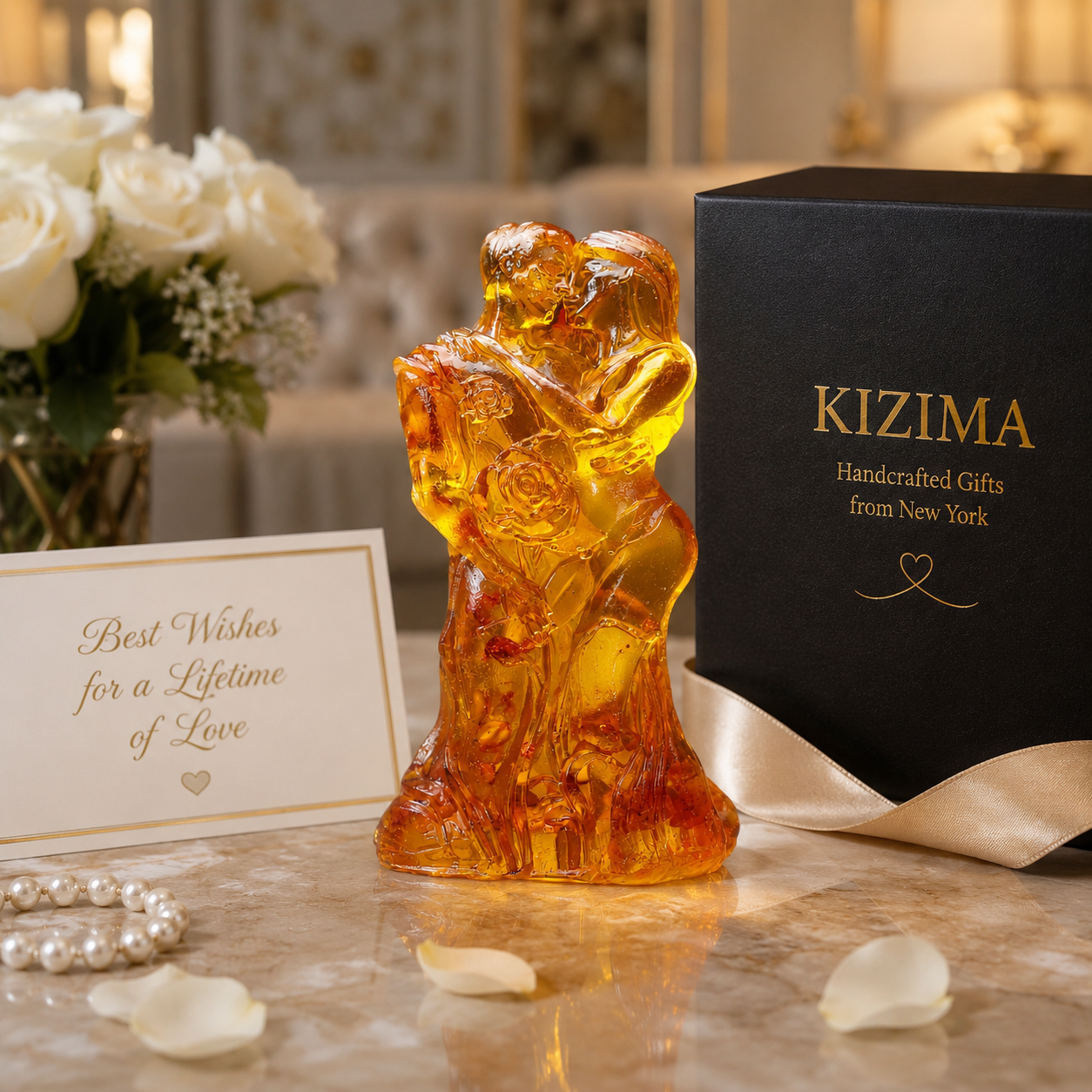 Baltic amber bride and groom wedding figurine with bouquet, handmade in USA by KIZIMA, front view
