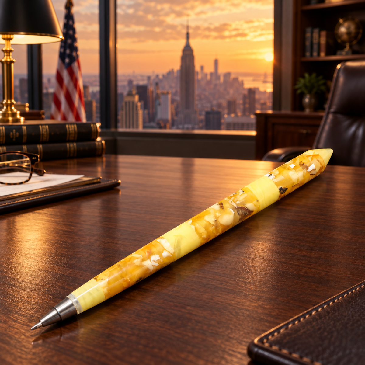 Natural Baltic Amber classic pen by KIZIMA® on an executive desk overlooking New York — Made in USA gift for a boss