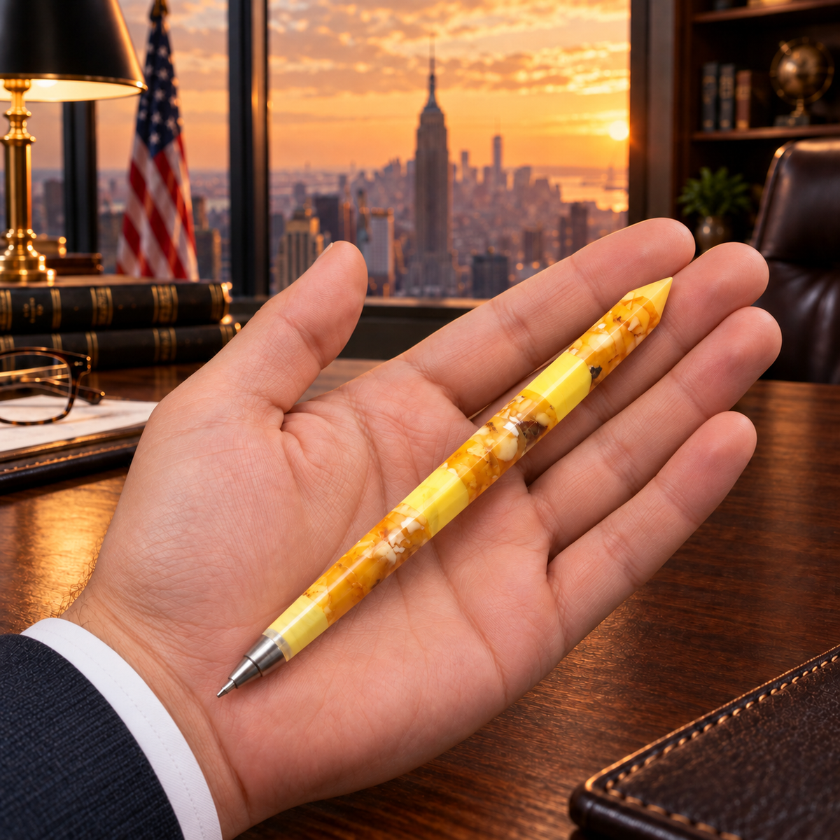 Natural Baltic Amber classic pen by KIZIMA® held in hand for size — 14 cm handmade gift for men, Made in USA