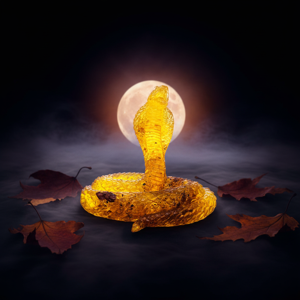 Cobra Baltic amber figurine, Halloween, by KIZIMA® — handmade in USA, detail view