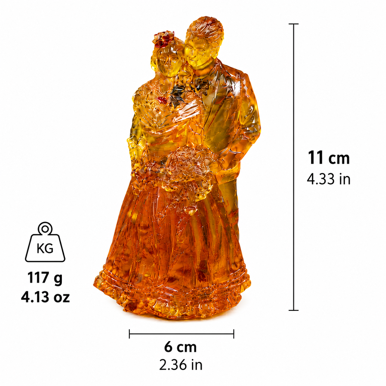 Natural Baltic amber couple statue, side profile with flowing dress detail, made in USA