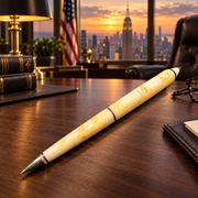 Natural Baltic Amber handmade pen by KIZIMA® on an executive desk overlooking New York — Made in USA gift for a boss