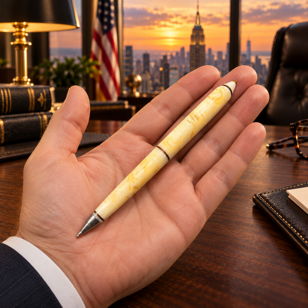Natural Baltic Amber handmade pen by KIZIMA® held in hand for size — 14 cm handmade gift for men, Made in USA