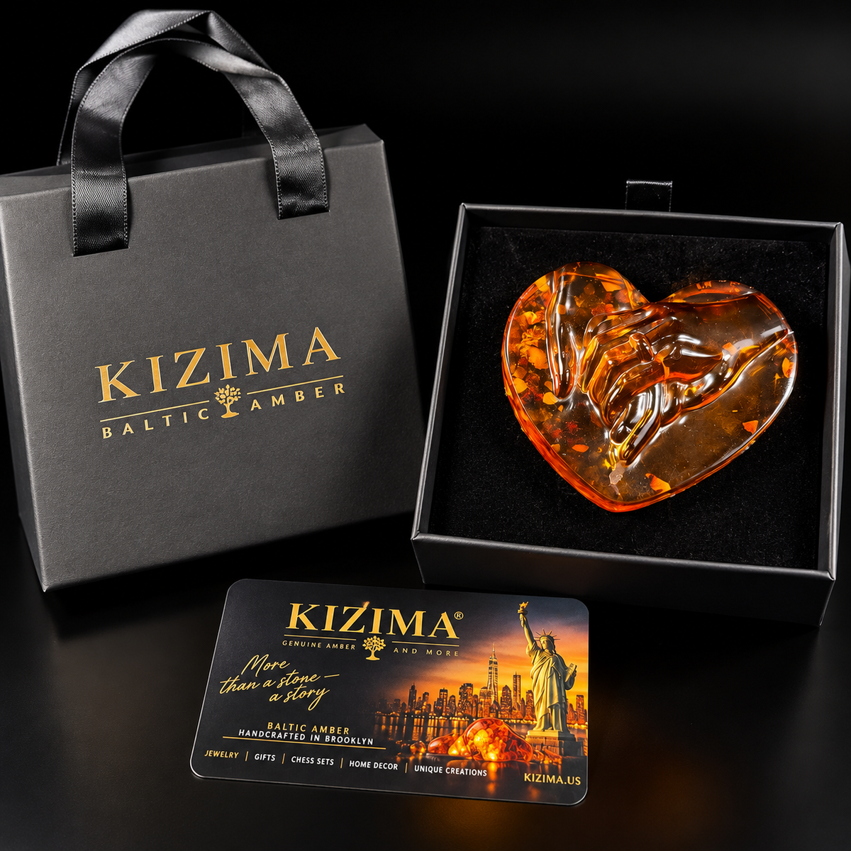 Made in USA Natural Baltic Amber holding hands heart sculpture by KIZIMA®, handcrafted in Brooklyn, New York — main view