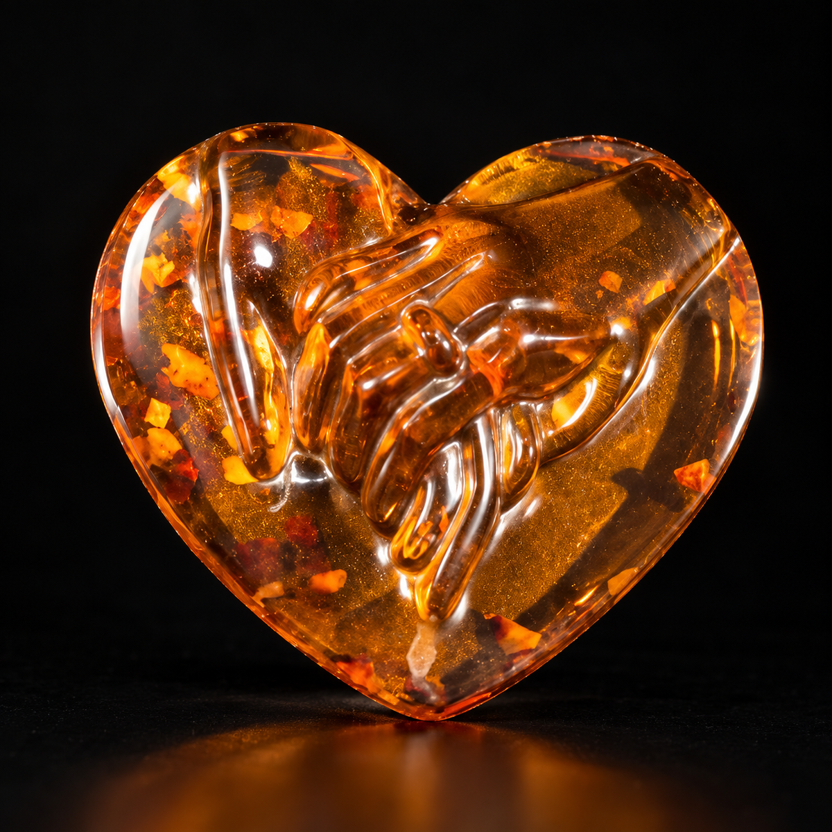 Genuine Natural Baltic Amber heart of two joined hands, handmade amber keepsake by KIZIMA® USA