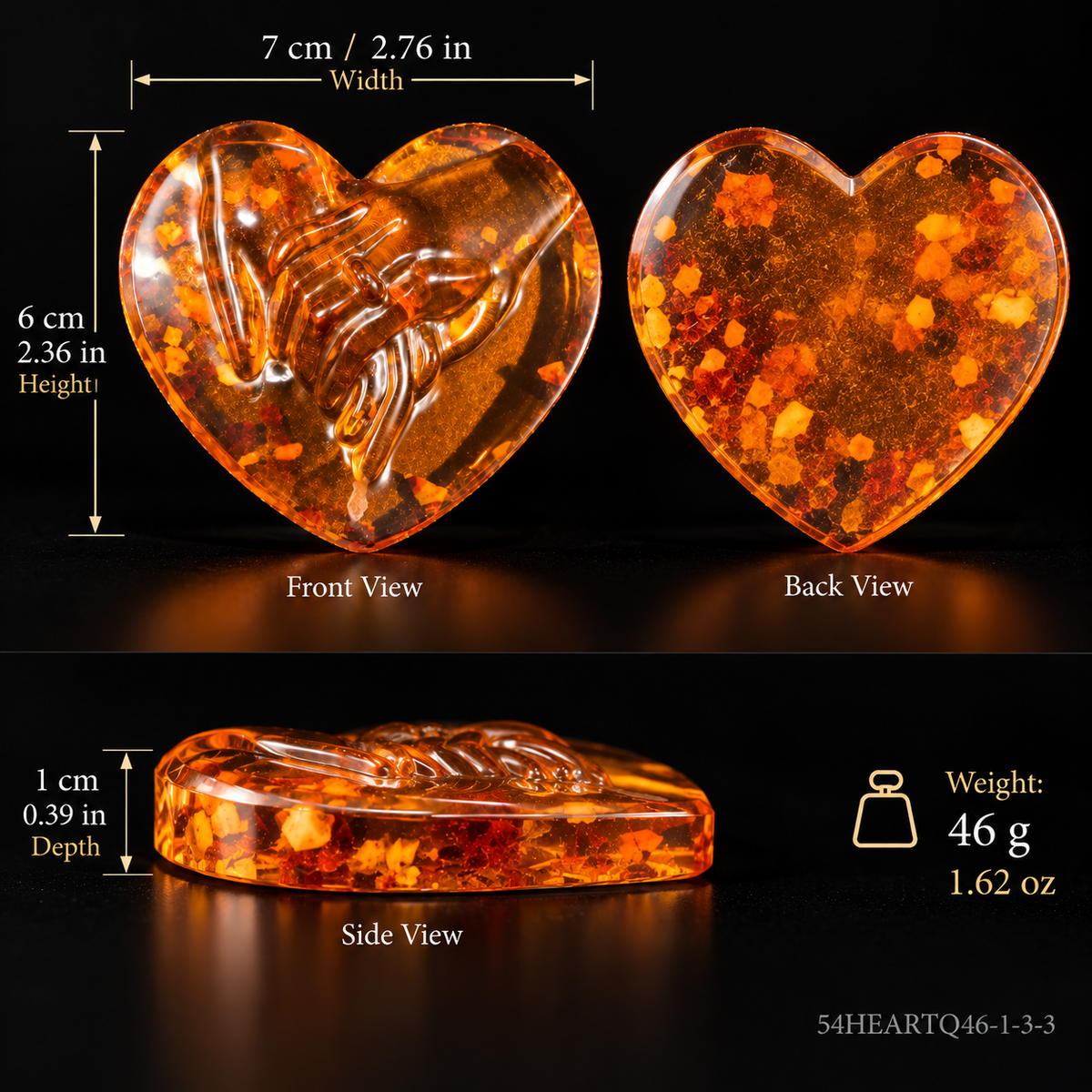 Baltic amber holding hands heart sculpture, cognac and honey amber tones — KIZIMA® handcrafted amber decor