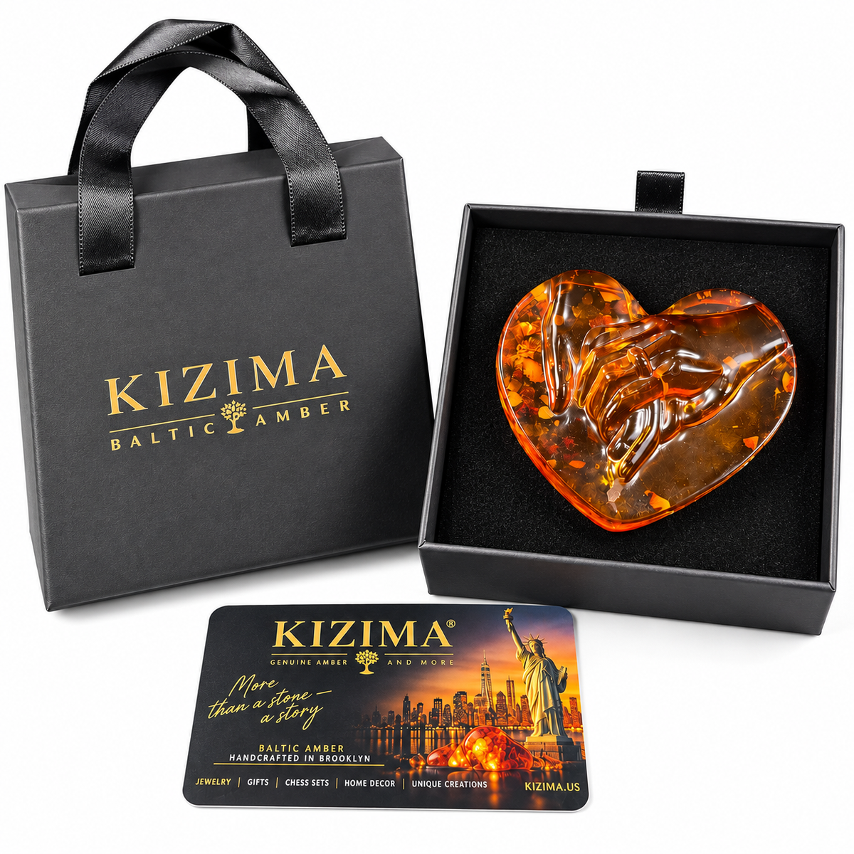 Natural Baltic Amber holding hands heart, romantic anniversary and Valentine's Day gift by KIZIMA® USA
