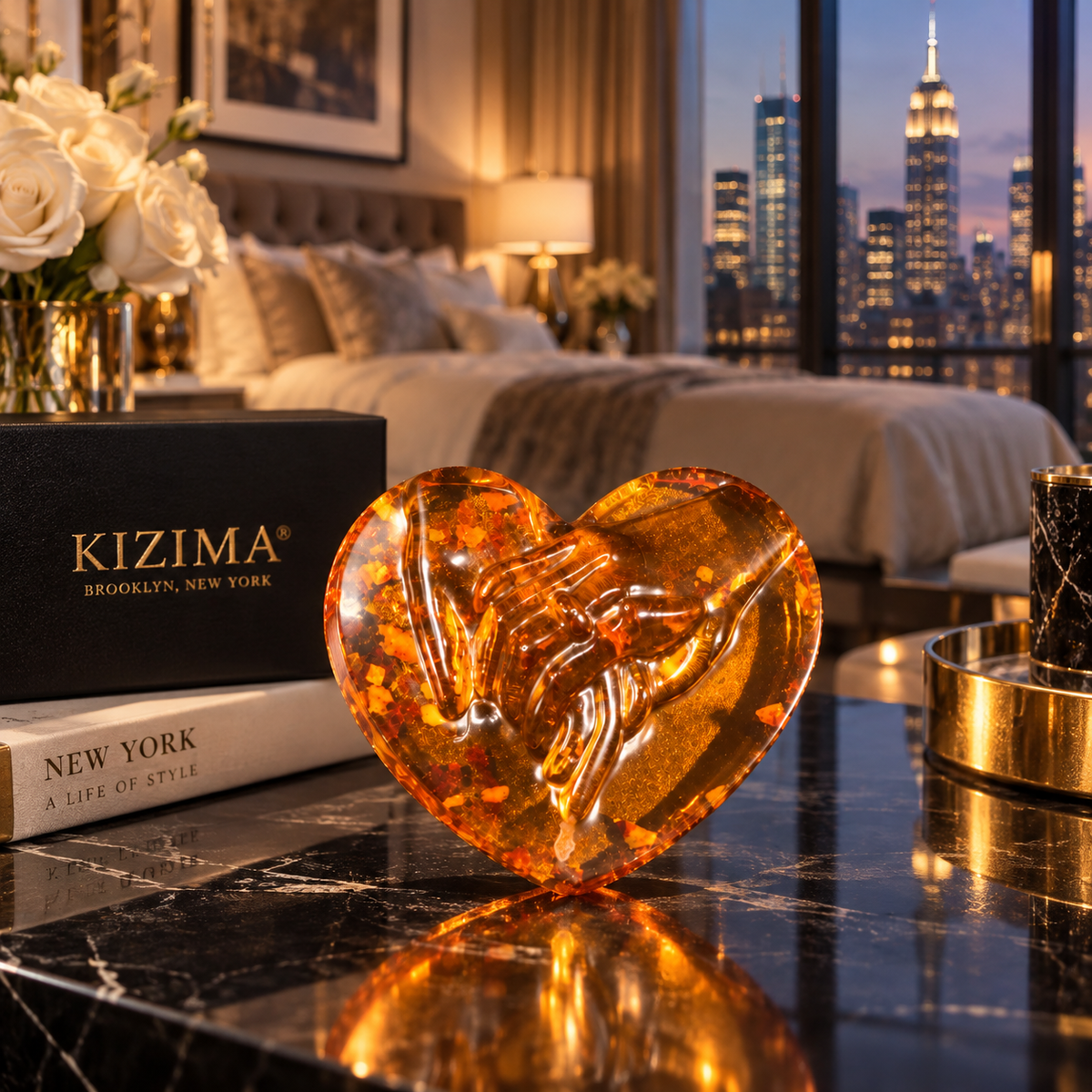 Handmade Baltic amber heart sculpture for a desk or shelf, Made in USA amber home decor by KIZIMA®