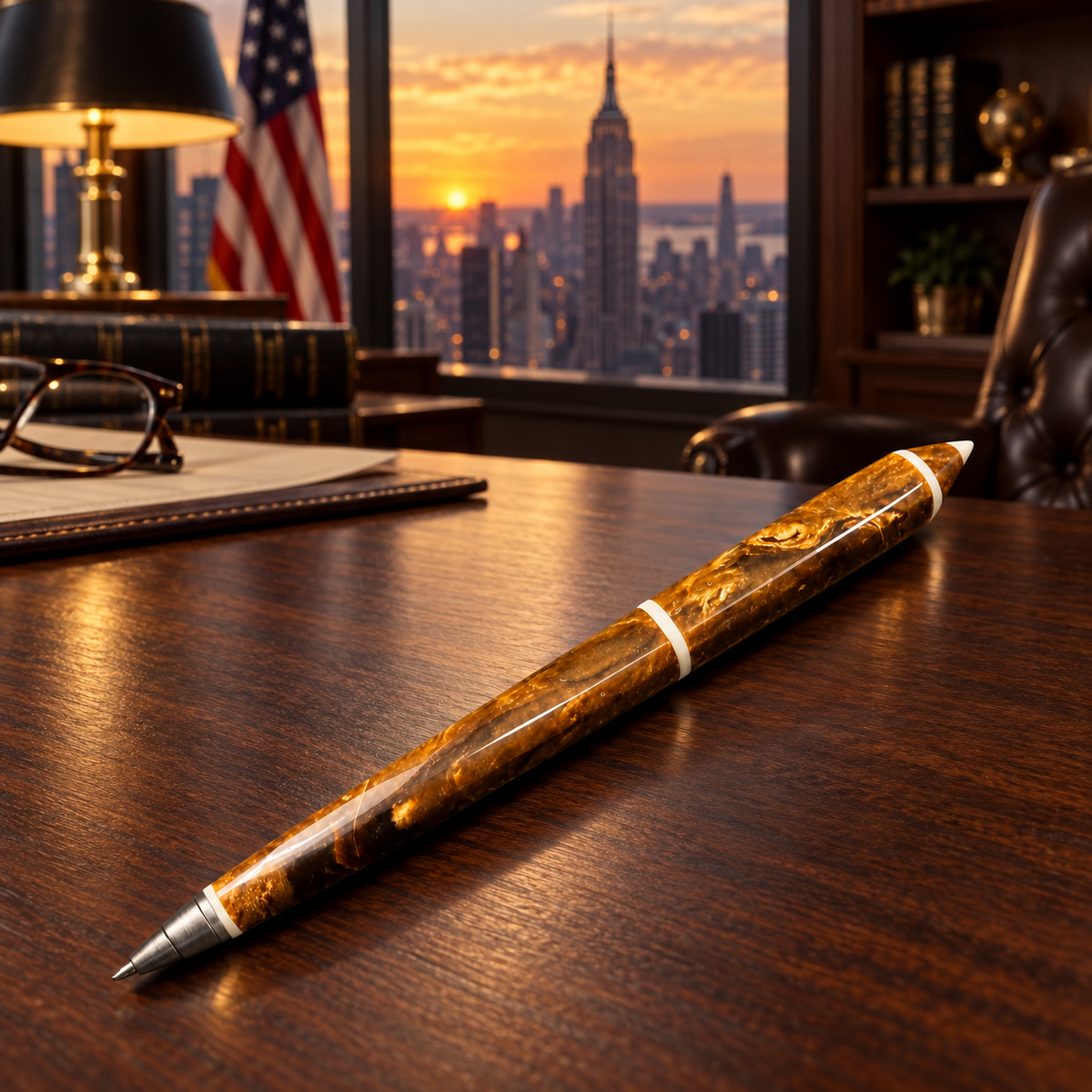 Natural Baltic Amber luxury pen by KIZIMA® on an executive desk overlooking New York — Made in USA gift for a boss