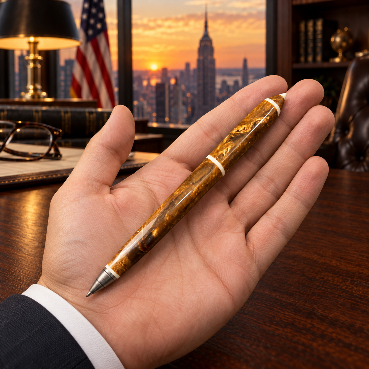 Natural Baltic Amber luxury pen by KIZIMA® held in hand for size — 14 cm handmade gift for men, Made in USA