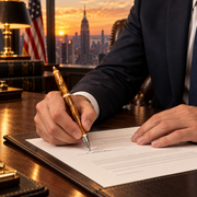 Businessman signing documents with a Natural Baltic Amber luxury pen by KIZIMA® — Made in USA executive gift for a boss