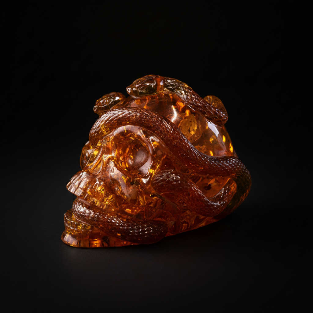 Baltic amber skull and snake figurine by KIZIMA® — handmade in USA, additional view