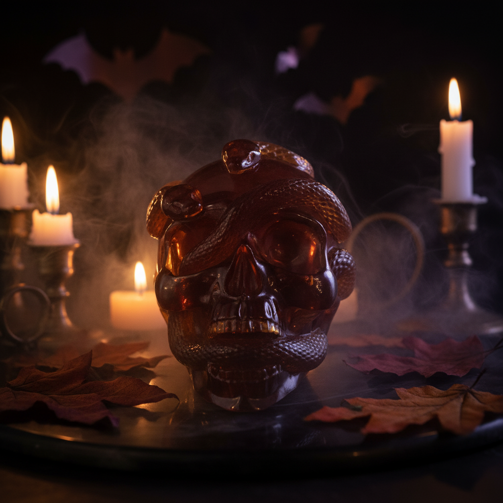 Baltic amber skull and snake figurine by KIZIMA® — handmade in USA, side view