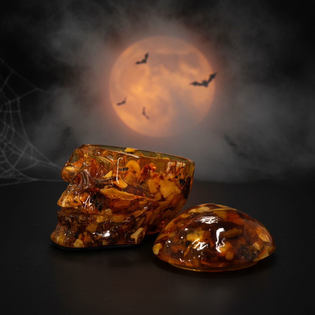 Baltic amber skull and snake jewelry box by KIZIMA® — handmade in USA, side view