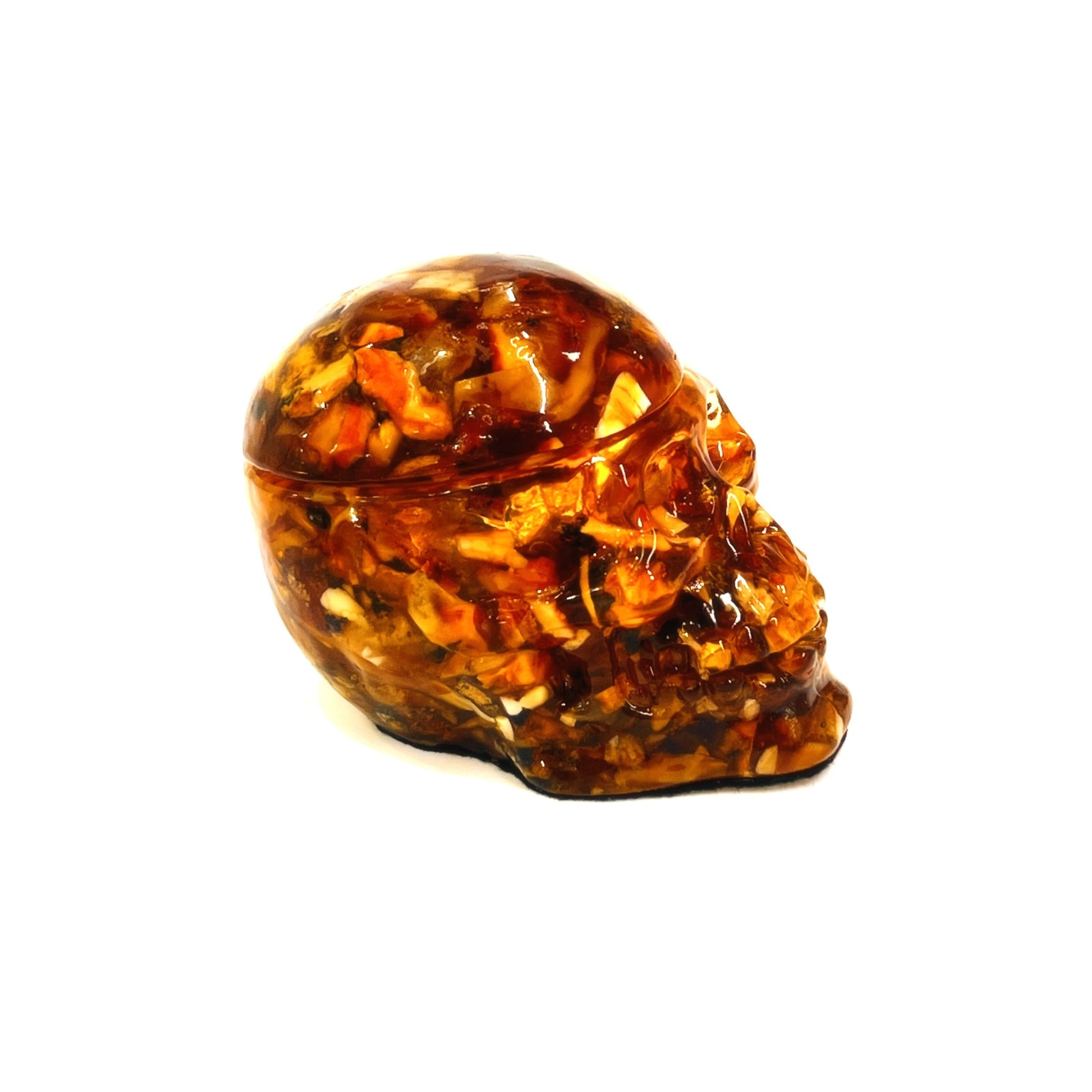 KIZIMA® amber skull and snake box — genuine Baltic amber decor, handmade in USA, angled view