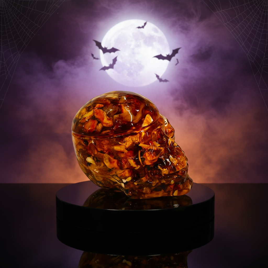 Baltic amber skull and snake jewelry box by KIZIMA® — handmade in USA, detail view
