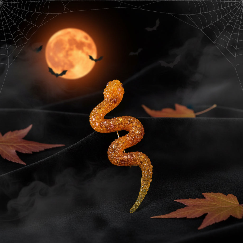 Handmade Baltic amber snake brooch by KIZIMA® USA — natural amber jewelry, close-up