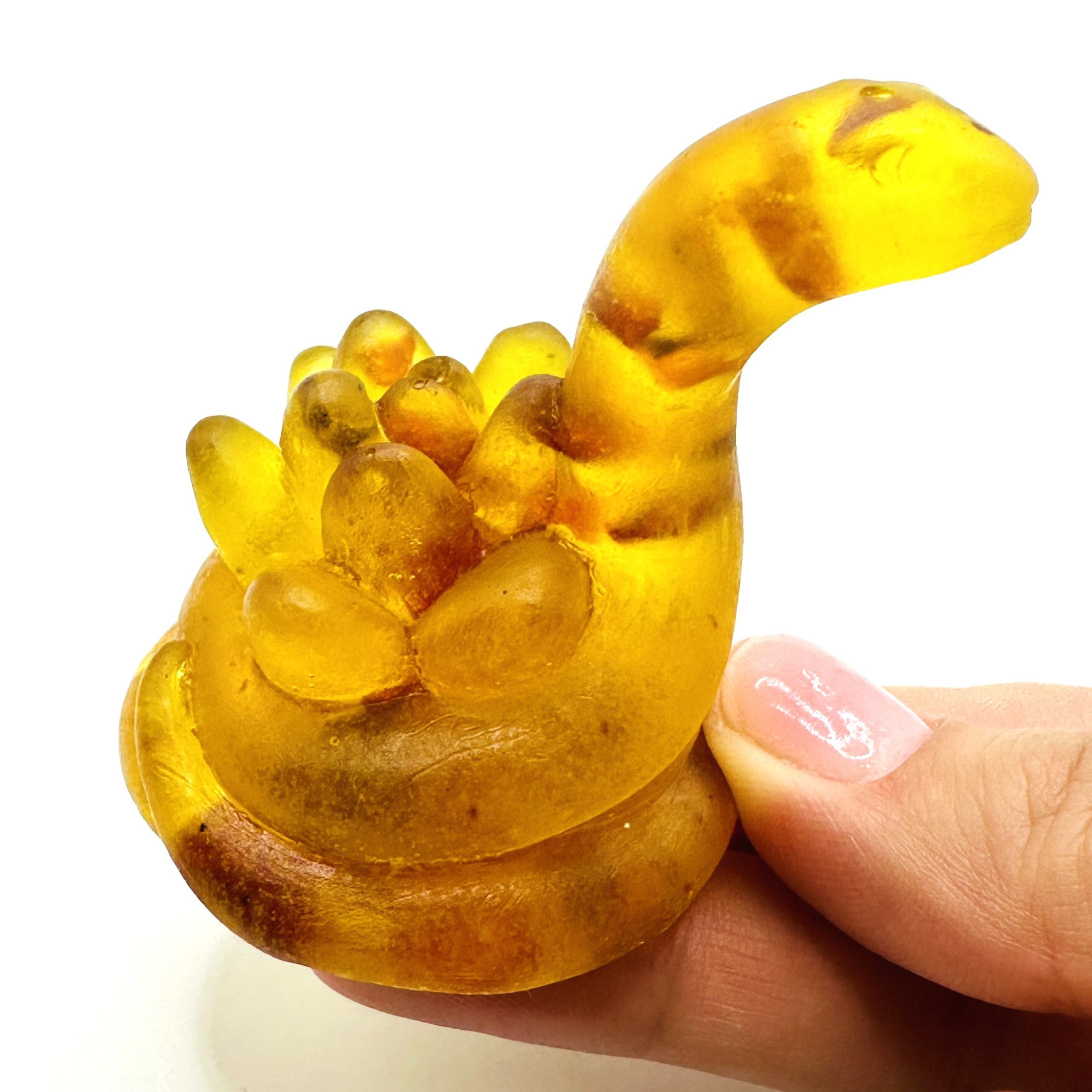 KIZIMA® snake Baltic amber figurine — genuine amber Year of the Snake decor, handmade in USA, detail view