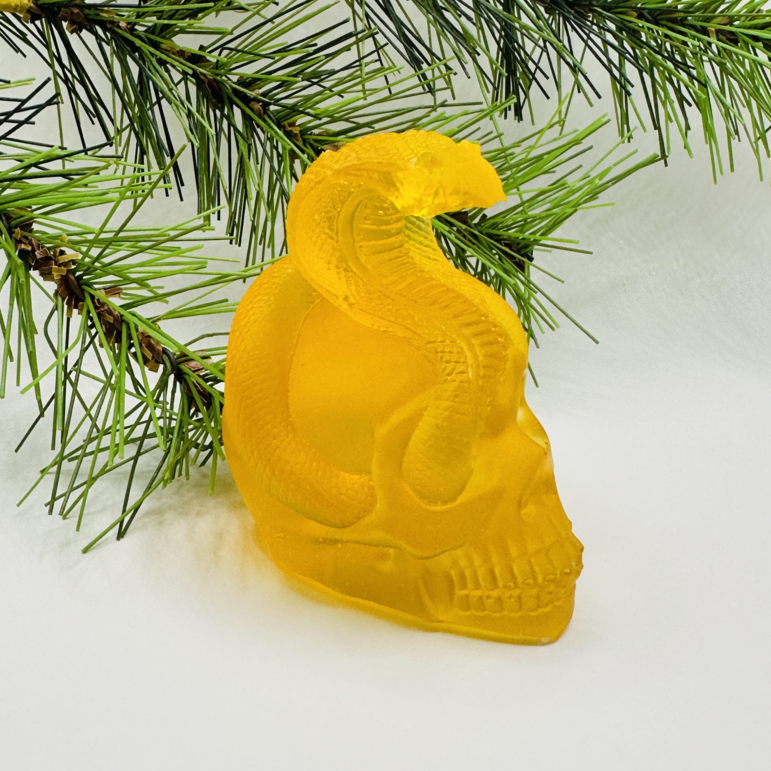 KIZIMA® amber snake skull sculpture — genuine Baltic amber decor, made in USA, detail view