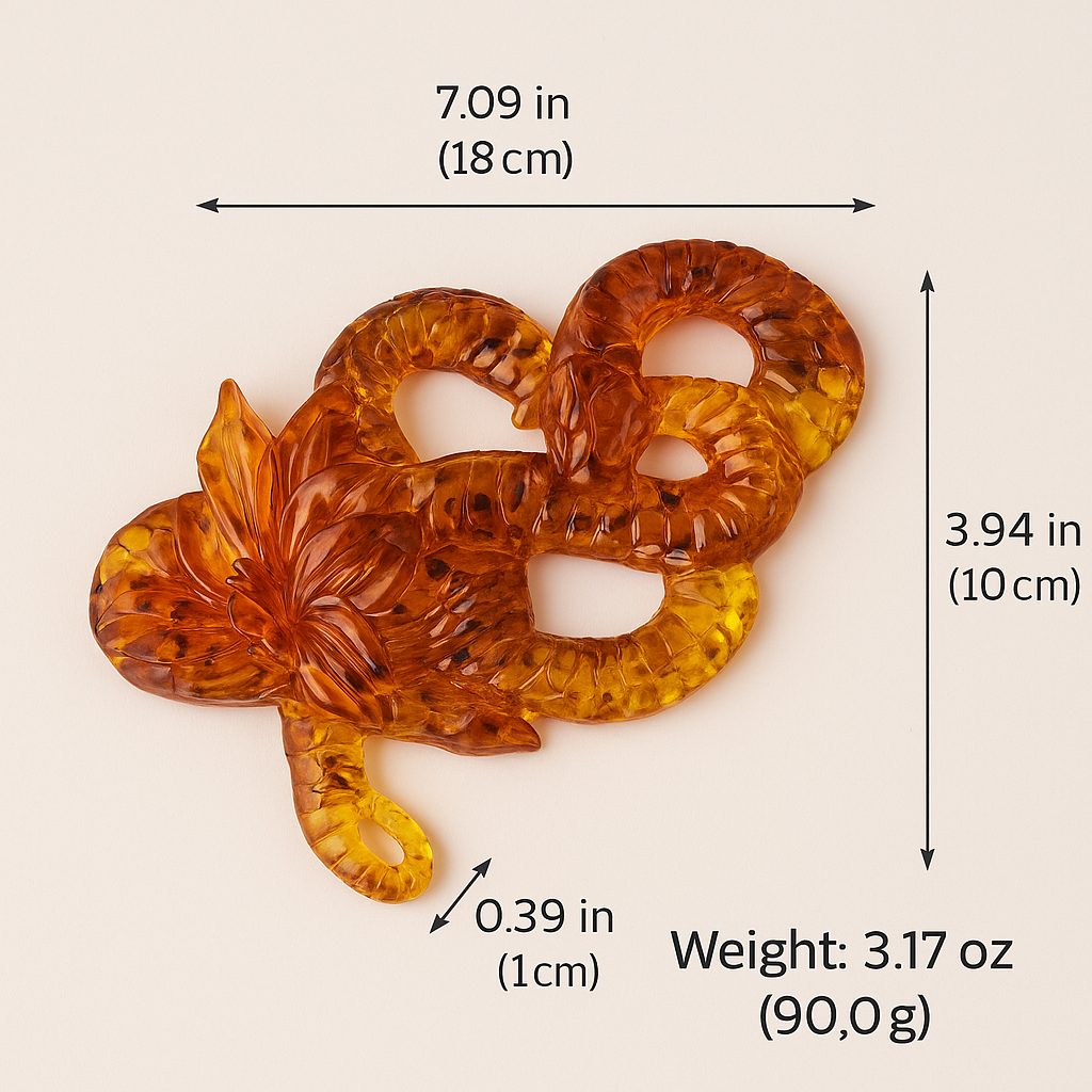 Handmade Baltic amber snake with lily by KIZIMA® USA — natural amber decor, side view