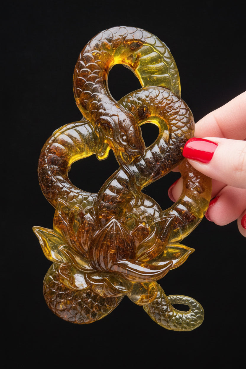 KIZIMA® amber snake with lily figurine — genuine Baltic amber decor, handmade in USA, angled view