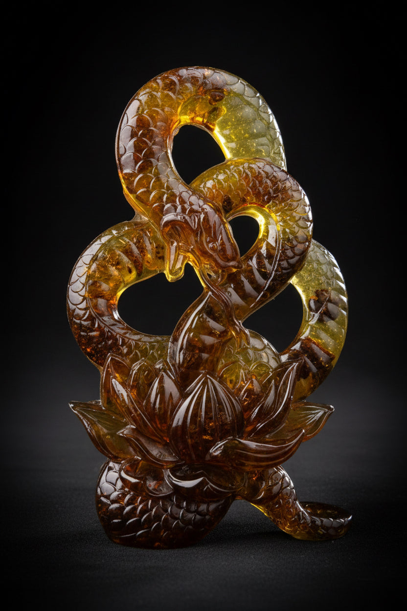 Baltic amber snake with lily figurine by KIZIMA® — genuine amber, handmade in USA, side angle
