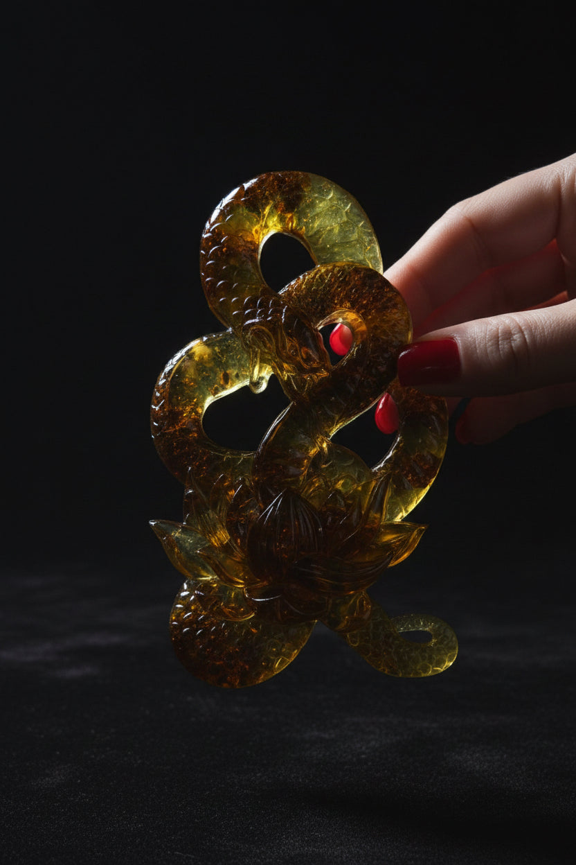 KIZIMA® amber snake with lily sculpture — genuine Baltic amber decor, made in USA, detail view
