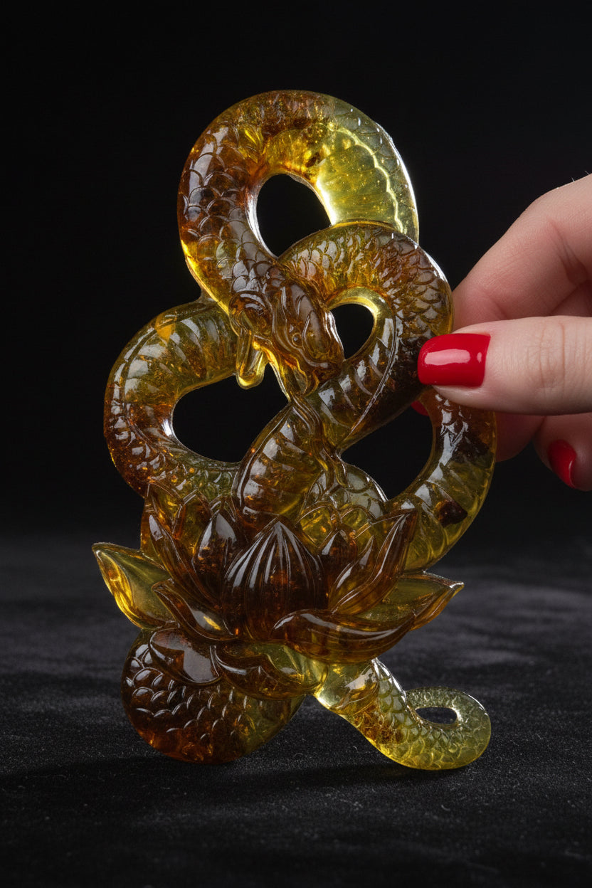 Handmade Baltic amber snake with lily by KIZIMA® USA — natural amber gift, close-up