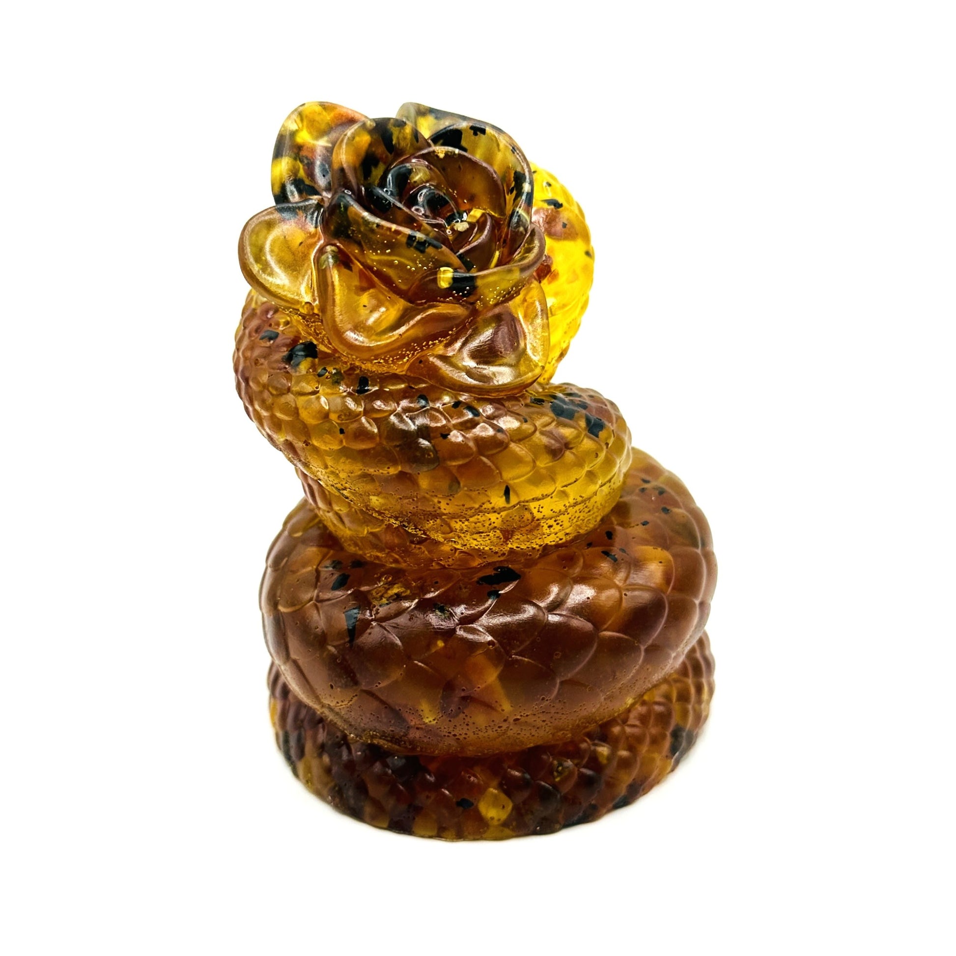 Handmade Baltic amber snake with rose by KIZIMA® USA — natural amber decor, side view