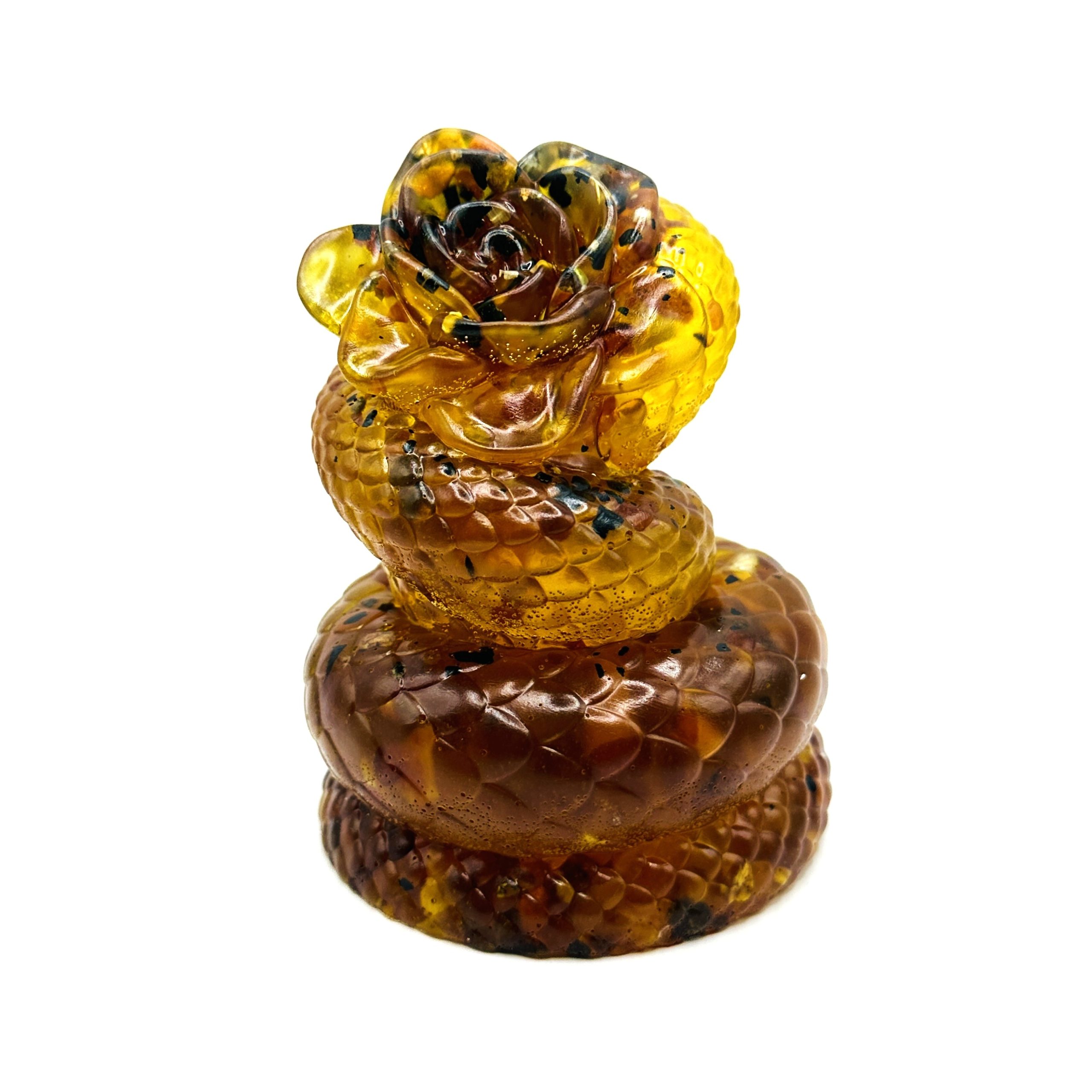KIZIMA® amber snake with rose figurine — genuine Baltic amber decor, handmade in USA, angled view