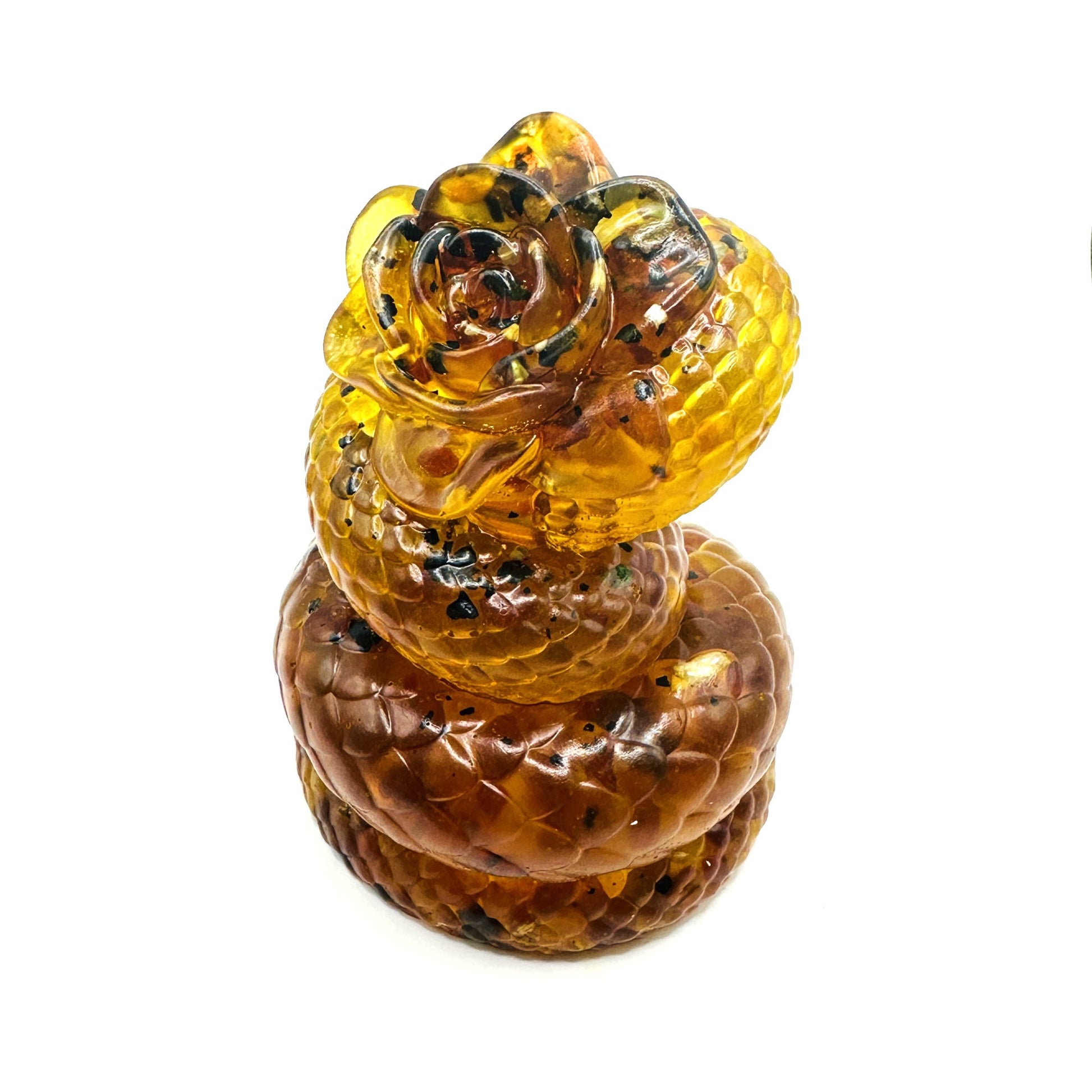 Baltic amber snake with rose statue by KIZIMA® — genuine amber gift, made in USA, close-up