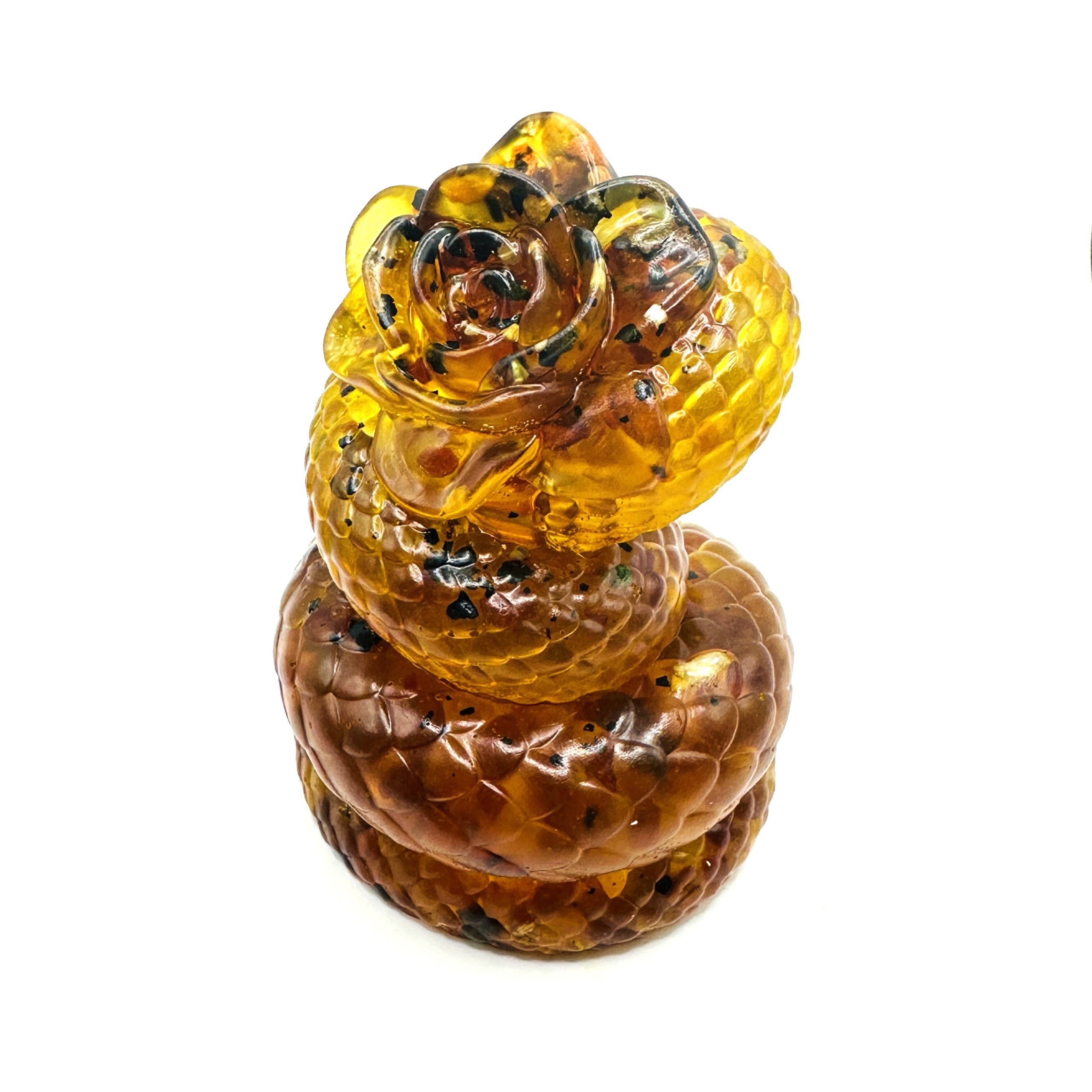 Baltic amber snake with rose statue by KIZIMA® — genuine amber gift, made in USA, close-up